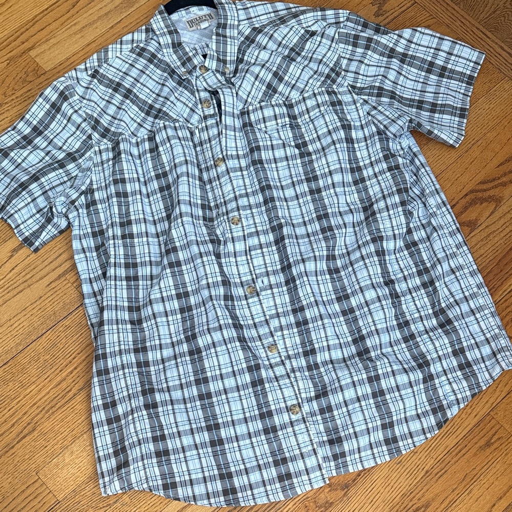 Duluth Trading Co Blue and Brown Plaid Shirt